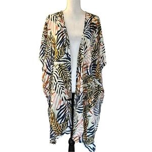 Tahari Linen Blend Open Front Beach Swim Coverup Kimono One Size Tropical Print